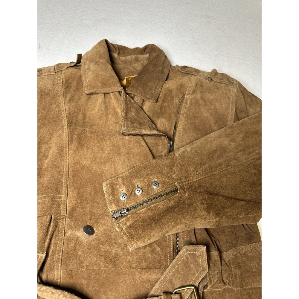 TOGETHER Pig Suede Leather Trench Coat Jacket Women's S Brown Belted Moto‎